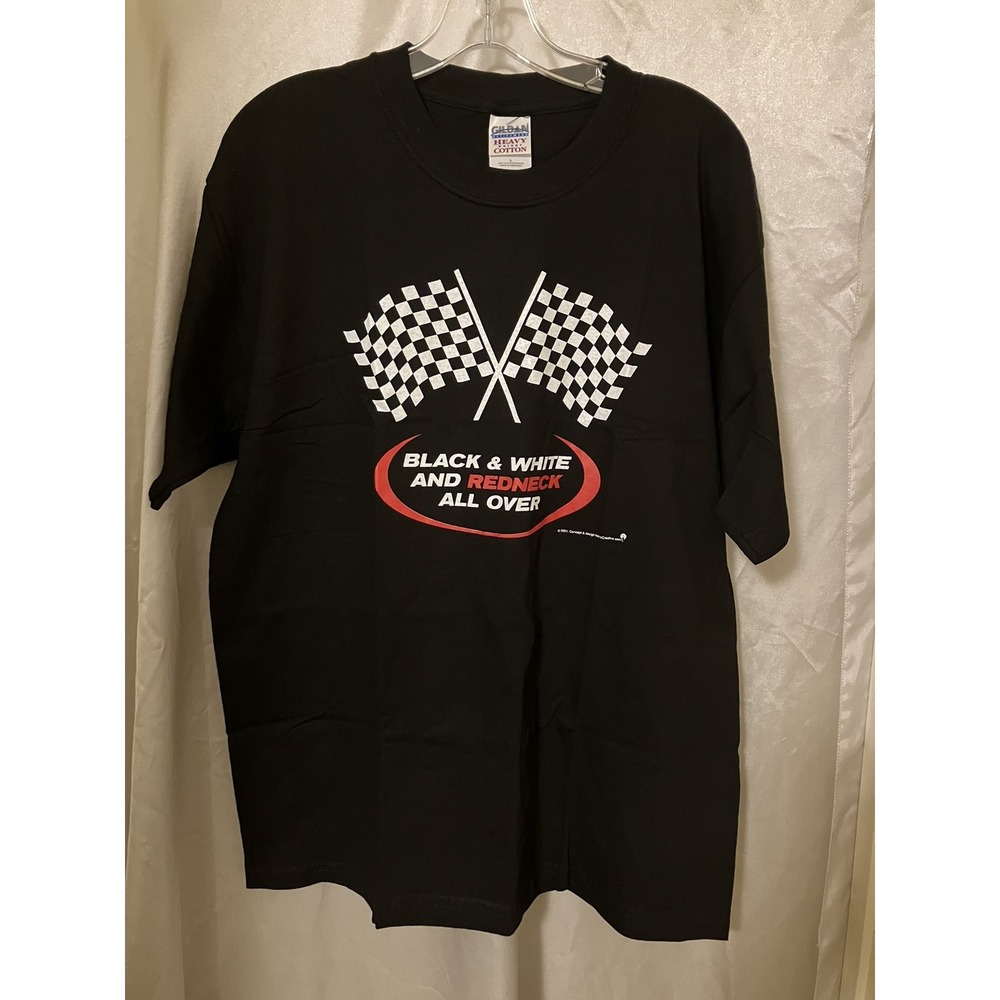 VTG 2001 Black & White and Redneck All Over T-Shirt L Nascar Checkered Flag NOS